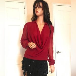 Donna Karan Signature red silk long sleeve see through top. Size S. Like new.
